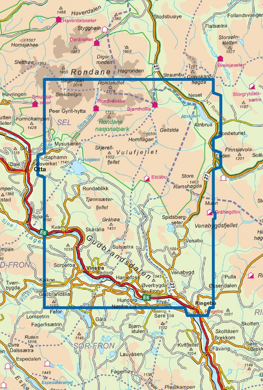 TOPO Wandelkaart 2521 / Rondane Sør, Hedmark & Oppland Noorwegen (7046660025215) Nordeca AS