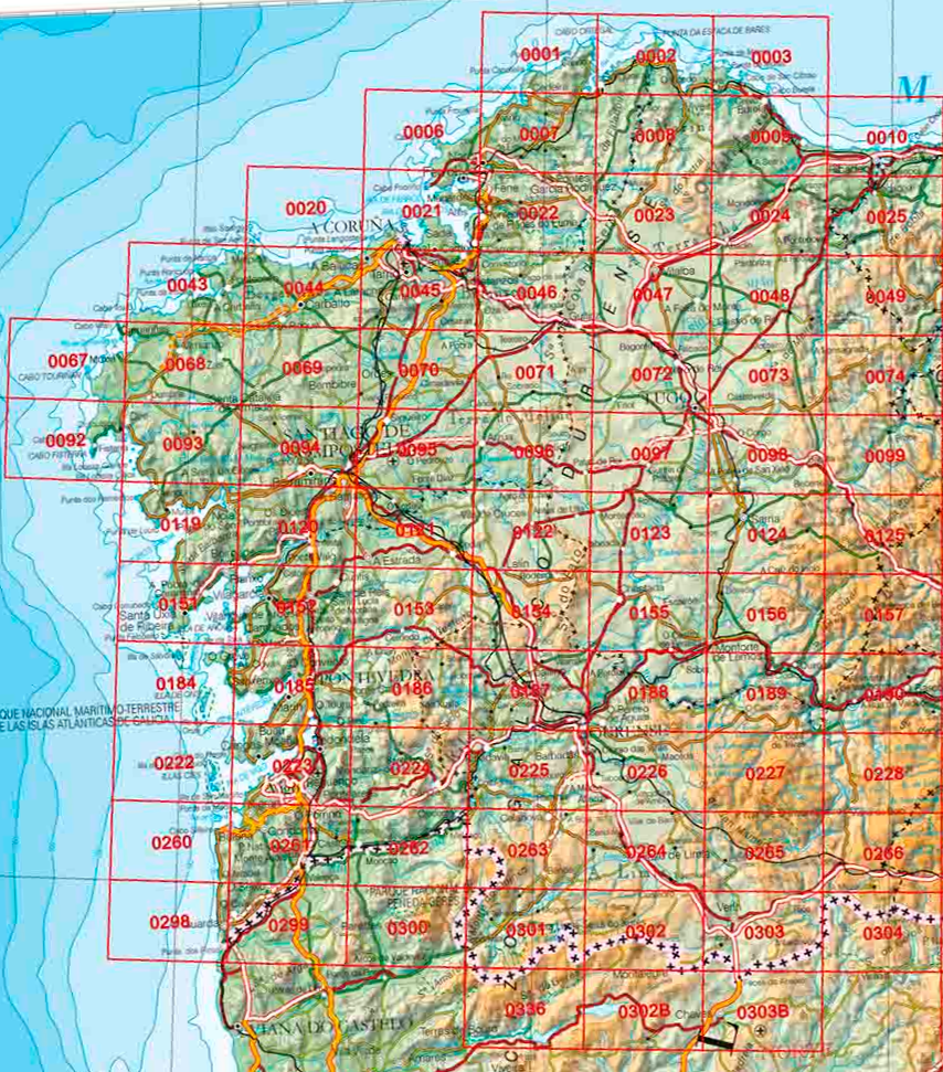01- CNIG - Topografische MTN(50) - La Coruna, Lugo, Pontevedra & Orense (provincies) Spanje