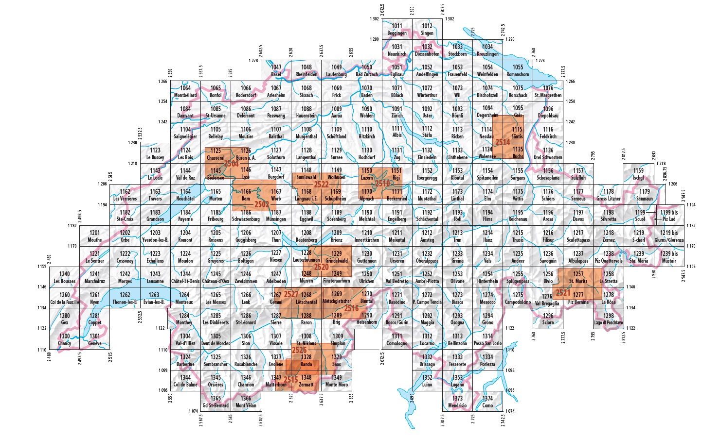 Swisstopo - 1.25.000 wandelkaarten 2514 > 2527