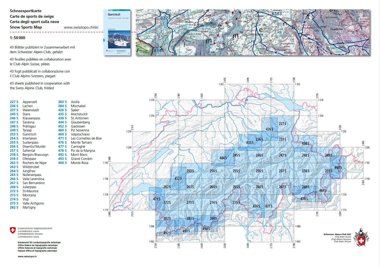 Swisstopo - 1:50.000 Ski- & Sneeuwsport kaarten 227 S > 494 S