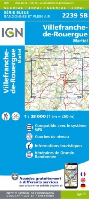 Wandelkaart 2239 SB Villefranche-de-Rouergue & Martiel - IGN