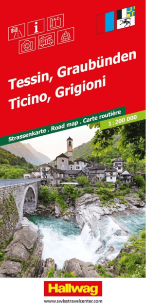 Landkaart Wegenkaart Road Map Tessin & Graubünden - Hallwag