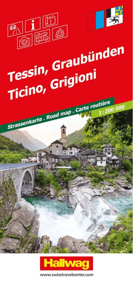 Landkaart Wegenkaart Road Map Tessin & Graubünden - Hallwag