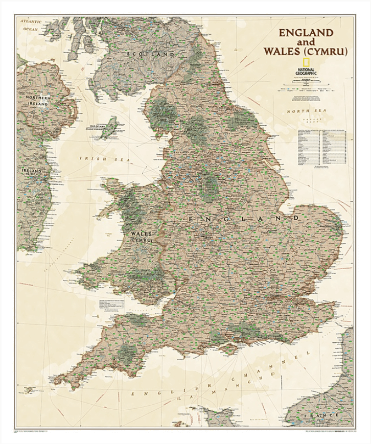 Plano Antieke Wandkaart Engeland & Wales 76 x 91 cm - Nat Geo