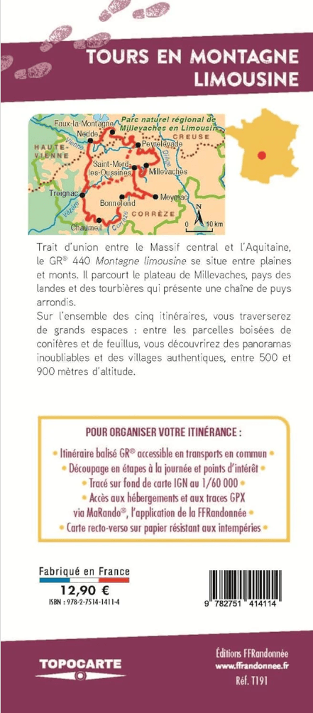 Wandelkaart 191 Tours en montagne limousine - FFR